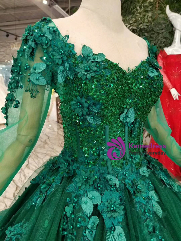 Shop 2019 Long & Short Green Ball Gown Tulle Appliques Long Sleeve Wedding Dress With Beading With Factory Price From Kemedress