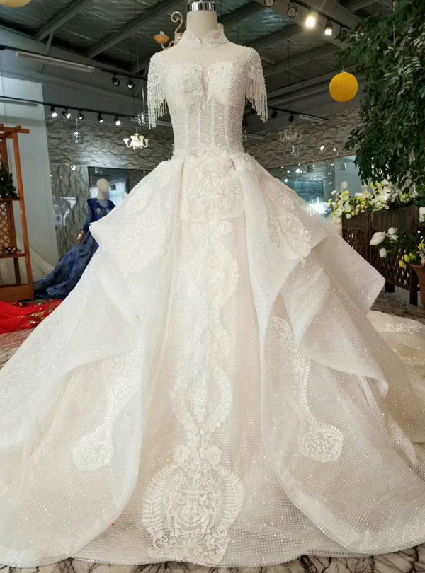 Shop 2019 Long & Short Light Champagne Ball Gown Sequins High Neck Backless Cap Sleeve Wedding Dress With Factory Price From Kemedress