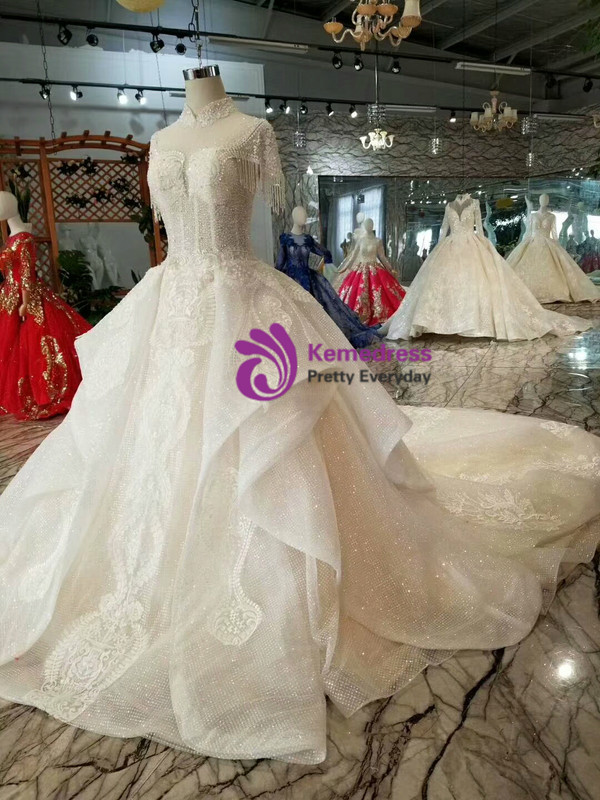 Shop 2019 Long & Short Light Champagne Ball Gown Sequins High Neck Backless Cap Sleeve Wedding Dress With Factory Price From Kemedress