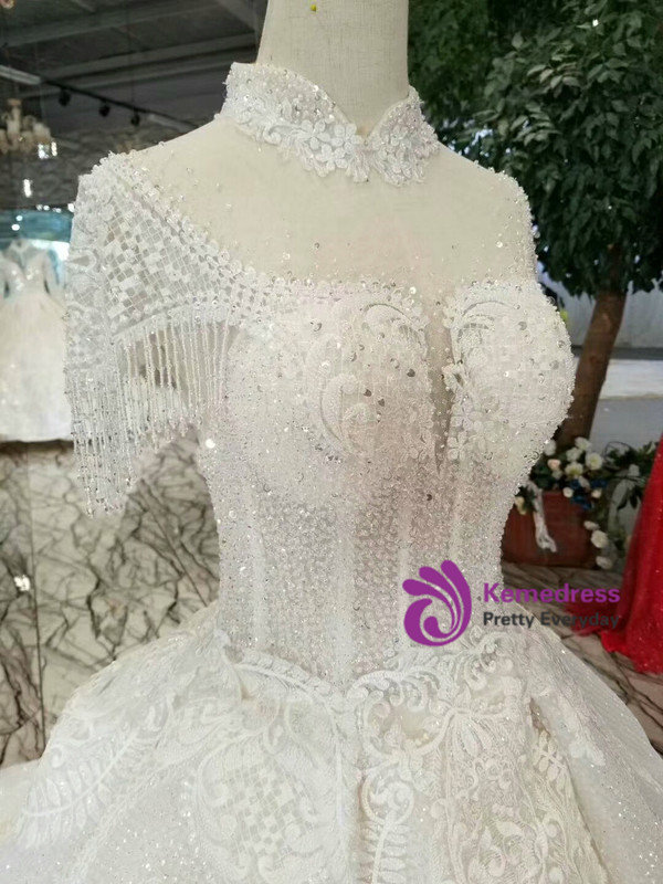 Shop 2019 Long & Short Light Champagne Ball Gown Sequins High Neck Backless Cap Sleeve Wedding Dress With Factory Price From Kemedress