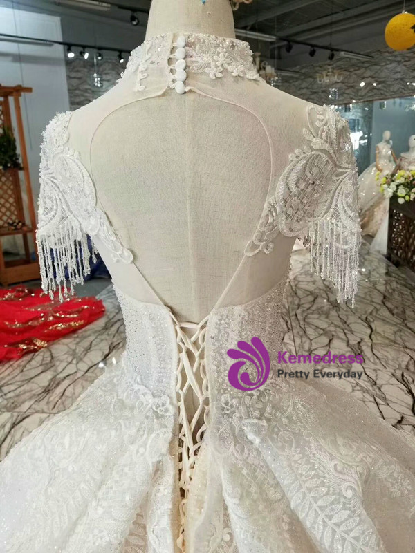 Shop 2019 Long & Short Light Champagne Ball Gown Sequins High Neck Backless Cap Sleeve Wedding Dress With Factory Price From Kemedress