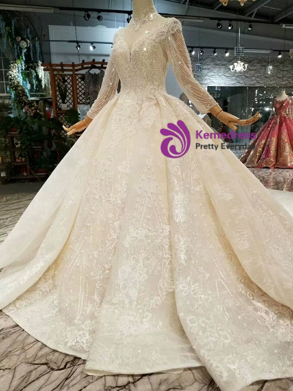 Shop 2019 Long & Short Light Champagne Ball Gown High Nack Backless Long Sleeve With Beading With Factory Price From Kemedress