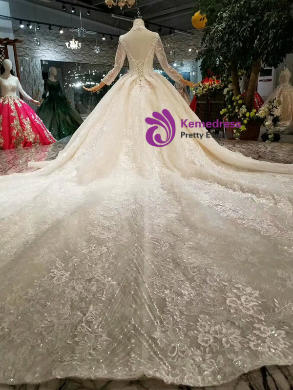 Shop 2019 Long & Short Light Champagne Ball Gown High Nack Backless Long Sleeve With Beading With Factory Price From Kemedress