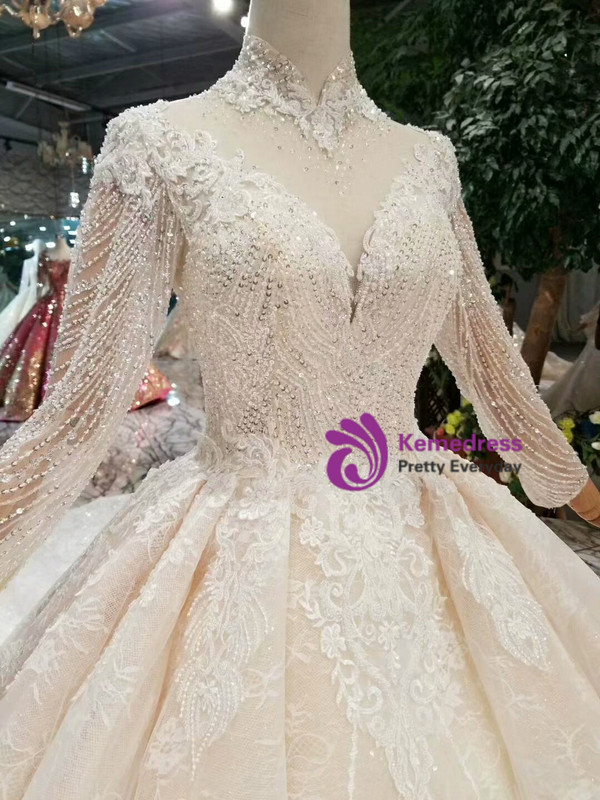 Shop 2019 Long & Short Light Champagne Ball Gown High Nack Backless Long Sleeve With Beading With Factory Price From Kemedress