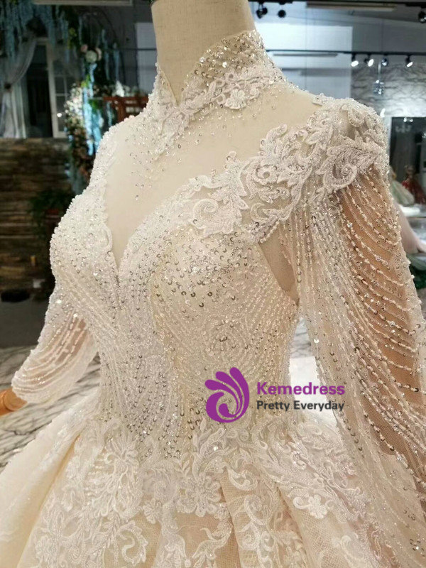 Shop 2019 Long & Short Light Champagne Ball Gown High Nack Backless Long Sleeve With Beading With Factory Price From Kemedress
