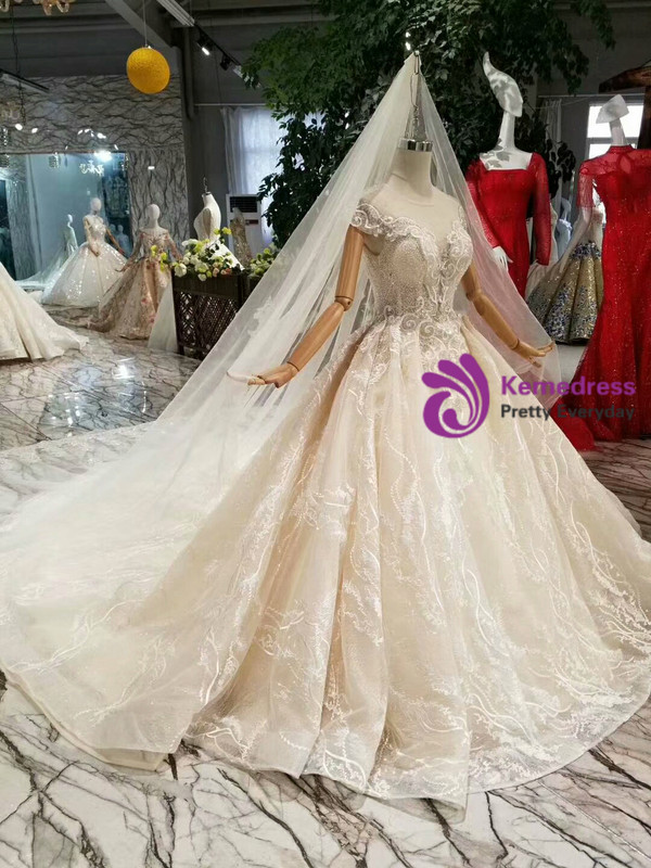 Shop 2019 Long & Short Champagne Ball Gown Tulle Cap Sleeve Backless Wedding Dress With Beading With Factory Price From Kemedress