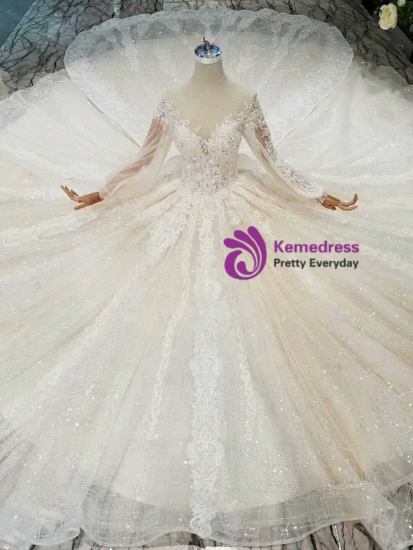 Shop 2019 Long & Short Light Champagne Ball Gown Tulle Sequins Long Sleeve Wedding Dress With Removable Train With Factory Price From Kemedress