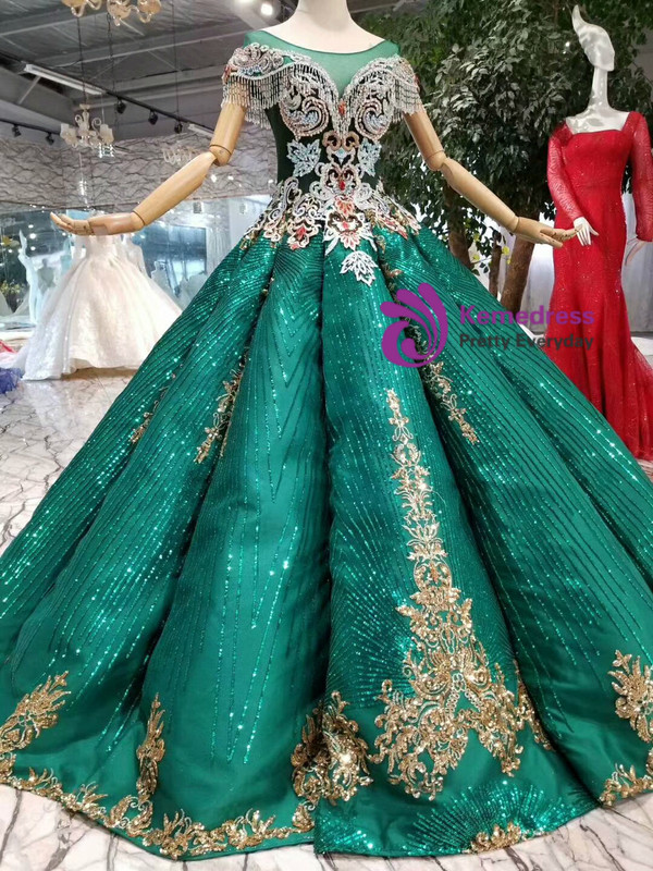 Shop 2019 Long & Short Green Ball Gown Sequins Bateau Appliques Cap Sleeve Wedding Dress With Factory Price From Kemedress