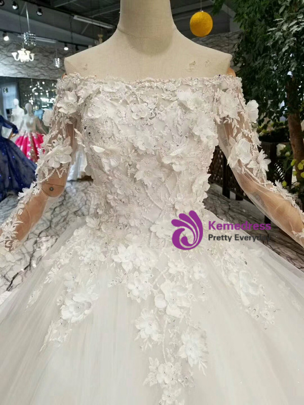 Shop 2019 Long & Short Light Champagne Tulle Appliques Off The Shoulder Long Sleeve Wedding Dress  With Factory Price From Kemedress