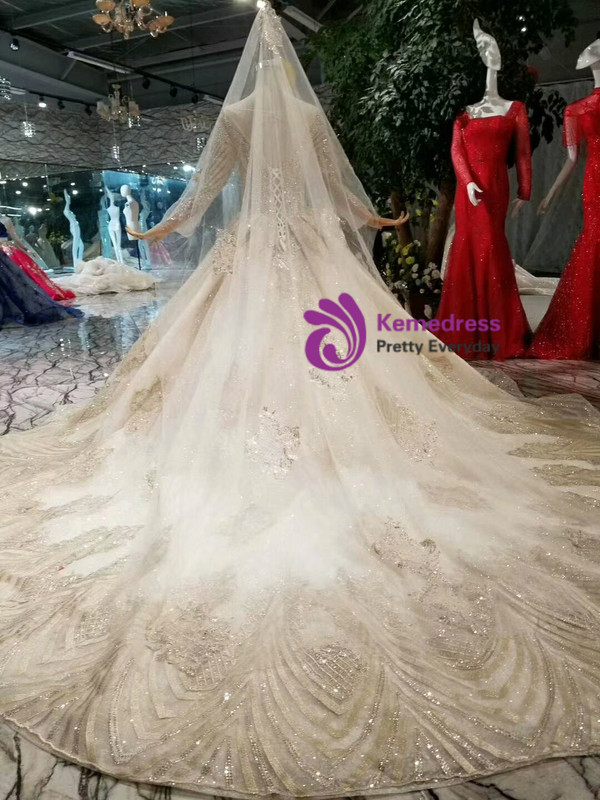 Shop 2019 Long & Short Luxury Champagne Tulle Sequins Bateau Long Sleeve Wedding Dress With Beading With Factory Price From Kemedress