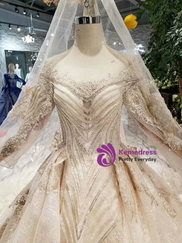 Shop 2019 Long & Short Luxury Champagne Tulle Sequins Bateau Long Sleeve Wedding Dress With Beading With Factory Price From Kemedress