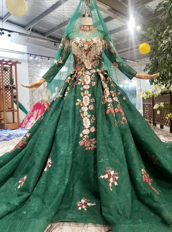 Shop 2019 Long & Short Dark Green Ball Gown Lace High Neck Long Sleeve Embroidery Appliques Wedding Dress With Factory Price From Kemedress