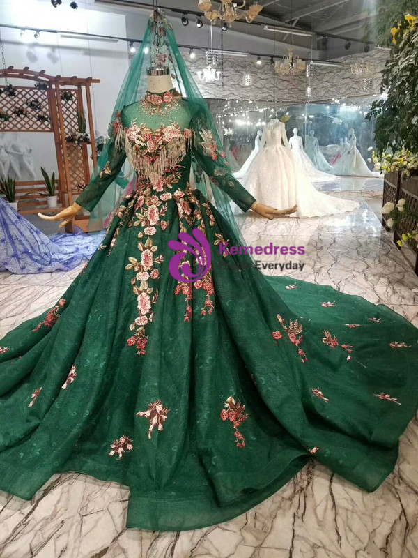 Shop 2019 Long & Short Dark Green Ball Gown Lace High Neck Long Sleeve Embroidery Appliques Wedding Dress With Factory Price From Kemedress