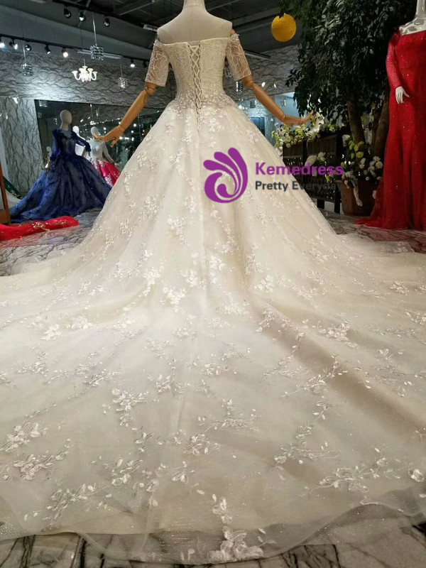 Shop 2019 Long & Short Champagne Ball Gown Tulle Appliques Off The Shoulder Short Sleeve Wedding Dress With Factory Price From Kemedress