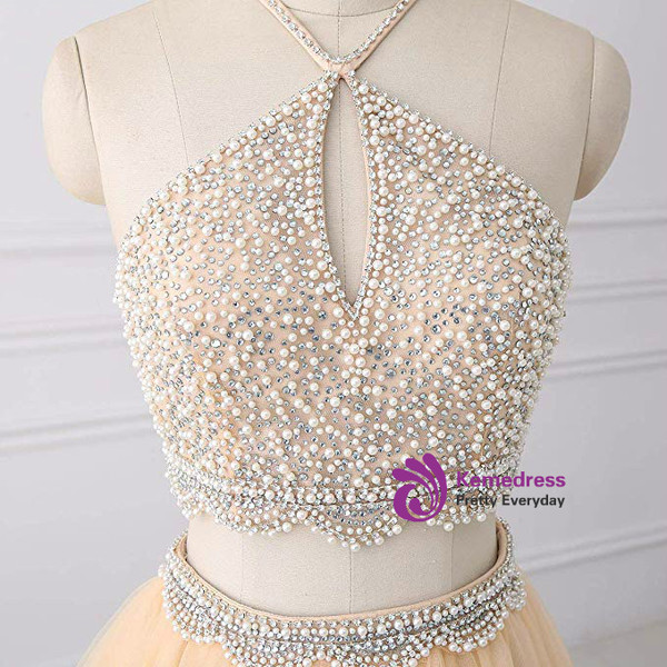 Shop 2019 Long & Short Champagne Tulle Two Piece Halter Homecoming Dress With Beading With Factory Price From Kemedress