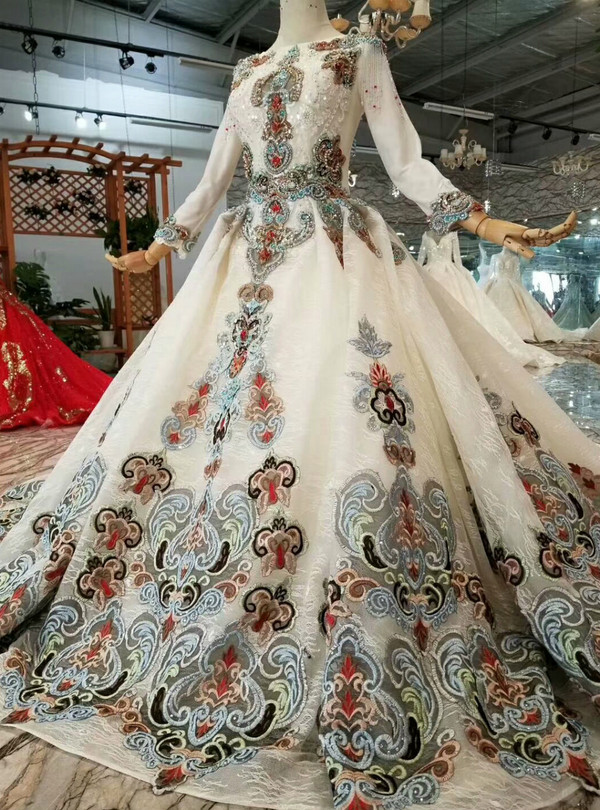 Shop 2019 Long & Short Light Champagne Ball Gown Long Sleeve Embroidery Wedding Dress With Train Crystal With Factory Price From Kemedress