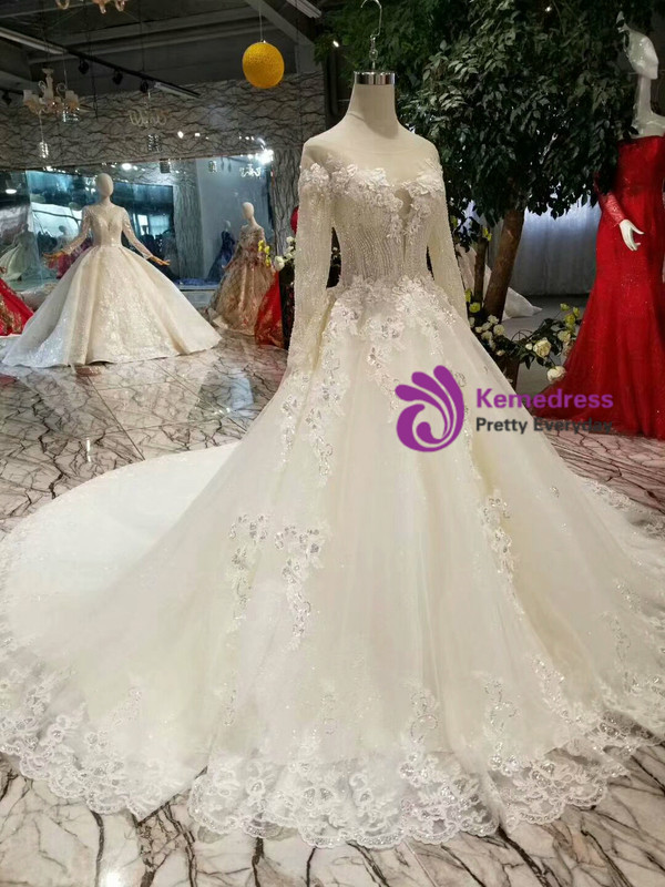 Shop 2019 Long & Short Light Champagne Tulle Lace Appliques Long Sleeve Backless Wedding Dress With Factory Price From Kemedress