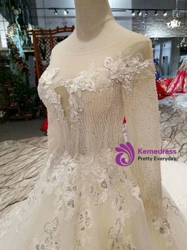 Shop 2019 Long & Short Light Champagne Tulle Lace Appliques Long Sleeve Backless Wedding Dress With Factory Price From Kemedress