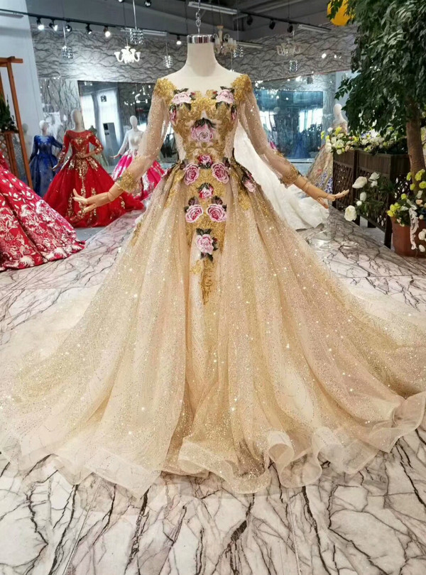 Shop 2019 Long & Short Champagne Gold Tulle Sequins Embroidery Long Sleeve Wedding Dress With Factory Price From Kemedress