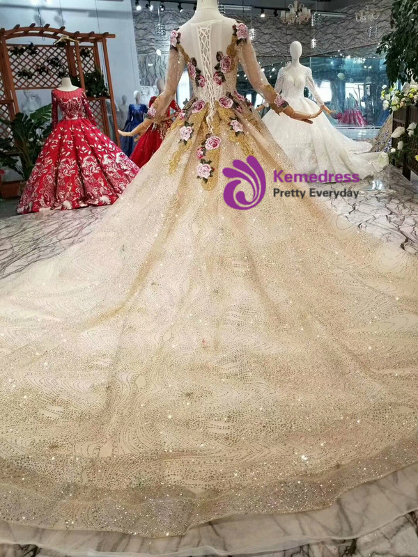 Shop 2019 Long & Short Champagne Gold Tulle Sequins Embroidery Long Sleeve Wedding Dress With Factory Price From Kemedress