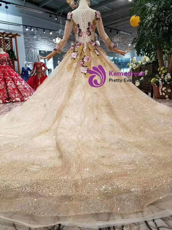 Shop 2019 Long & Short Champagne Gold Tulle Sequins Embroidery Long Sleeve Wedding Dress With Factory Price From Kemedress