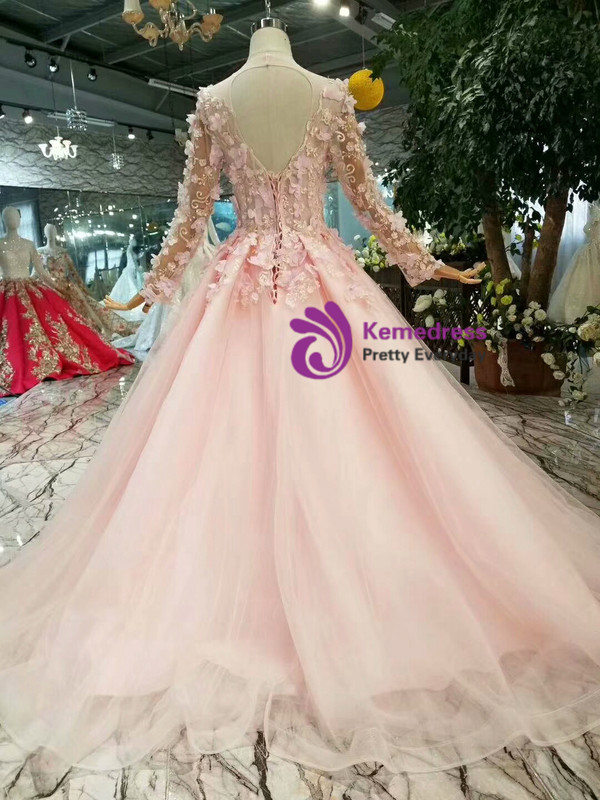 Shop 2019 Long & Short Pink Ball Gown Tulle Long Sleeve Backless Appliques Wedding Dress With Factory Price From Kemedress