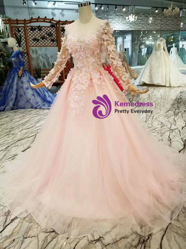 Shop 2019 Long & Short Pink Ball Gown Tulle Long Sleeve Backless Appliques Wedding Dress With Factory Price From Kemedress