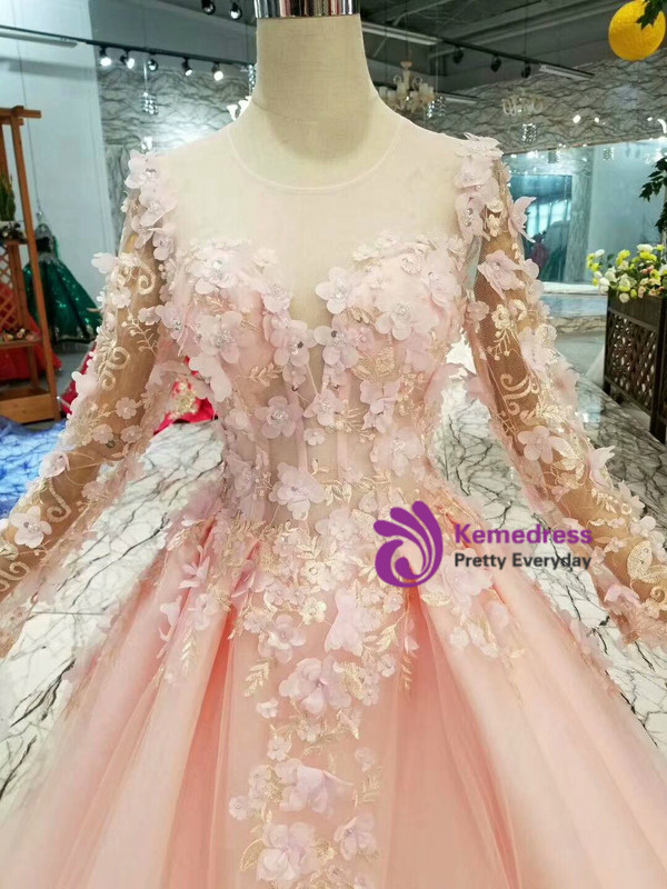 Shop 2019 Long & Short Pink Ball Gown Tulle Long Sleeve Backless Appliques Wedding Dress With Factory Price From Kemedress
