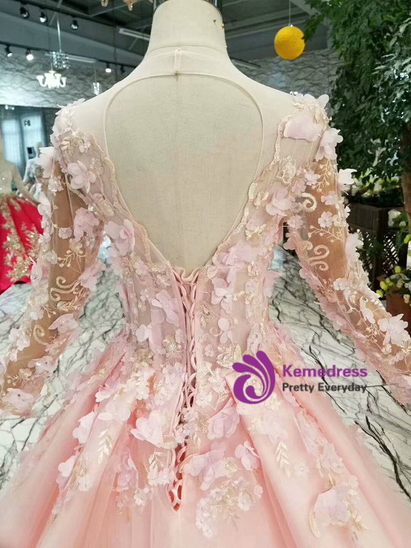 Shop 2019 Long & Short Pink Ball Gown Tulle Long Sleeve Backless Appliques Wedding Dress With Factory Price From Kemedress