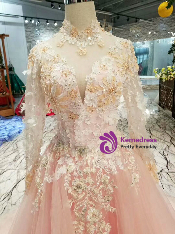 Shop 2019 Long & Short Pink Tulle High Neck Long Sleeve Appliques Princess Wedding Dress With Factory Price From Kemedress