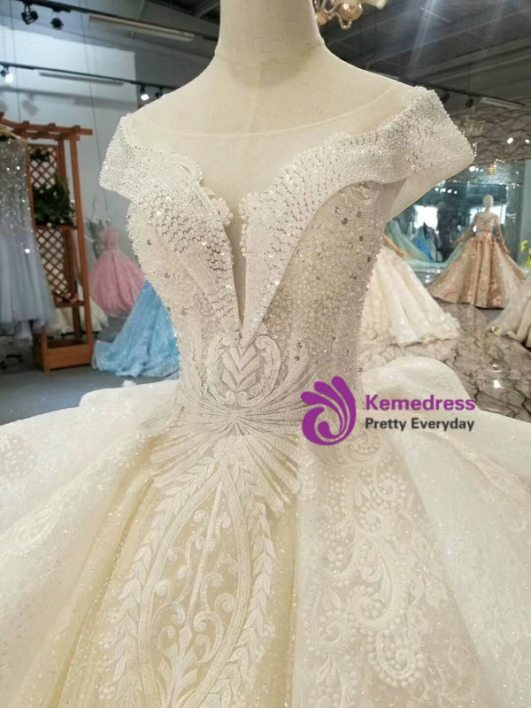 Shop 2019 Long & Short Light Champagne Tulle Sequins Appliques Bateau Cap Sleeve Wedding Dress With Factory Price From Kemedress