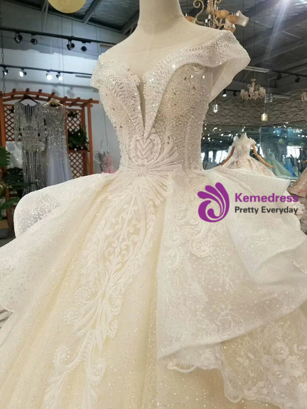 Shop 2019 Long & Short Light Champagne Tulle Sequins Appliques Bateau Cap Sleeve Wedding Dress With Factory Price From Kemedress
