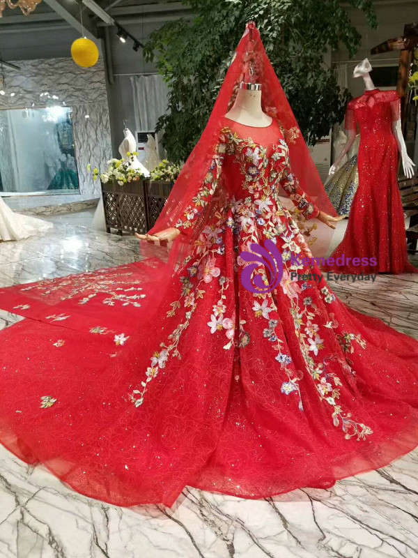 Shop 2019 Long & Short Red Ball Gown Tulle Embroidery Appliques Long Sleeve Wedding Dress With Removable Train With Factory Price From Kemedress