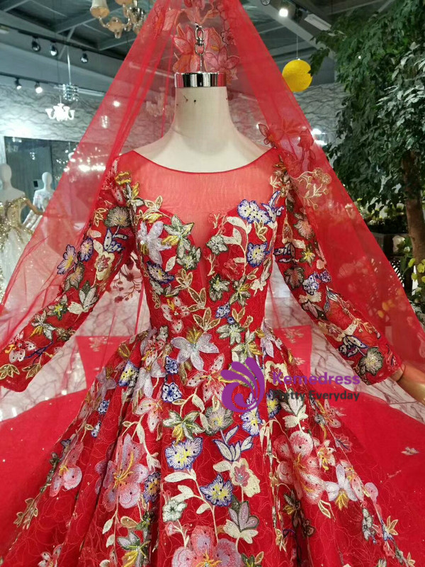 Shop 2019 Long & Short Red Ball Gown Tulle Embroidery Appliques Long Sleeve Wedding Dress With Removable Train With Factory Price From Kemedress