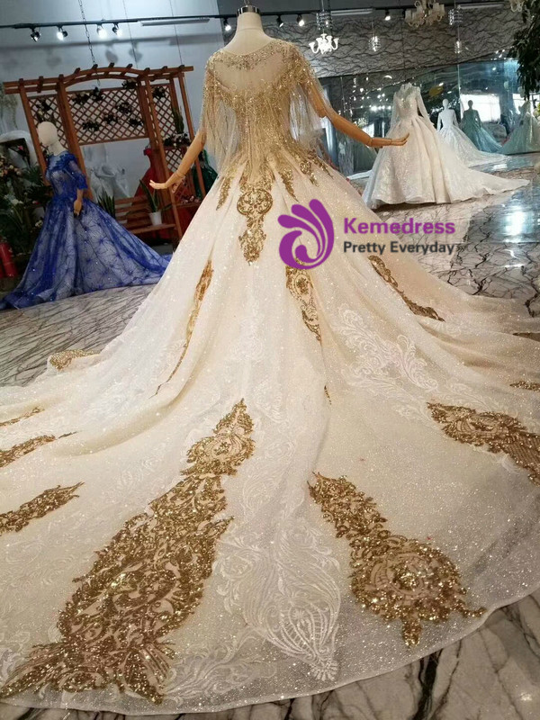 Shop 2019 Long & Short Champagne Ball Gown Tulle Sequins Off The Shoulder Wedding Dress With Shawl With Factory Price From Kemedress