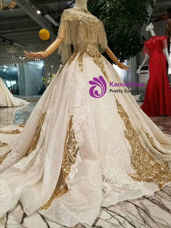 Shop 2019 Long & Short Champagne Ball Gown Tulle Sequins Off The Shoulder Wedding Dress With Shawl With Factory Price From Kemedress