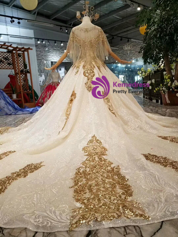 Shop 2019 Long & Short Champagne Ball Gown Tulle Sequins Off The Shoulder Wedding Dress With Shawl With Factory Price From Kemedress