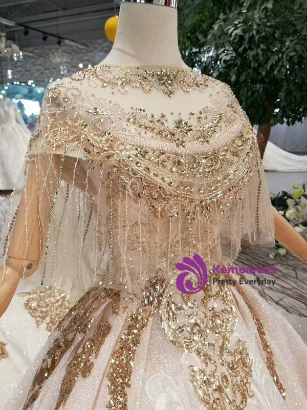 Shop 2019 Long & Short Champagne Ball Gown Tulle Sequins Off The Shoulder Wedding Dress With Shawl With Factory Price From Kemedress