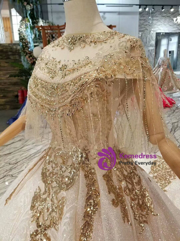 Shop 2019 Long & Short Champagne Ball Gown Tulle Sequins Off The Shoulder Wedding Dress With Shawl With Factory Price From Kemedress