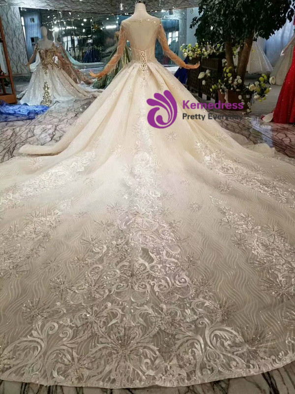Shop 2019 Long & Short Champagne Ball Gown Tulle Sequins Long Sleeve Wedding Dress With Long Train With Factory Price From Kemedress