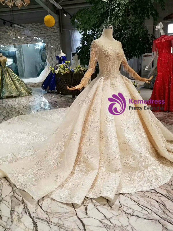 Shop 2019 Long & Short Champagne Ball Gown Tulle Sequins Long Sleeve Wedding Dress With Long Train With Factory Price From Kemedress