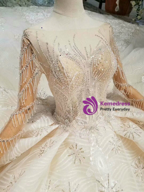 Shop 2019 Long & Short Champagne Ball Gown Tulle Sequins Long Sleeve Wedding Dress With Long Train With Factory Price From Kemedress