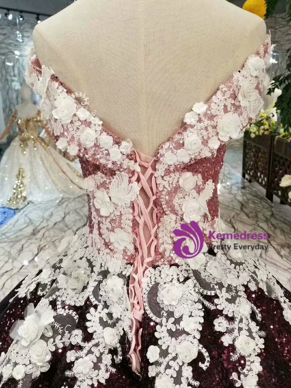 Shop 2019 Long & Short Burgundy Ball Gown Sequins Off The Shoulder Appliques Wedding Dress With Factory Price From Kemedress