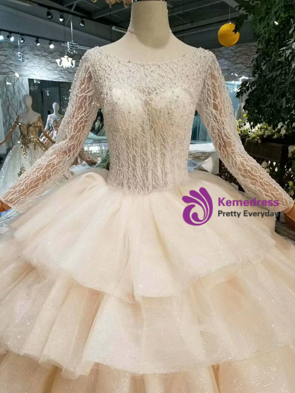 Shop 2019 Long & Short Champagne Tulle Bateau Long SLeeve Backless Beading Wedding Dress With Factory Price From Kemedress