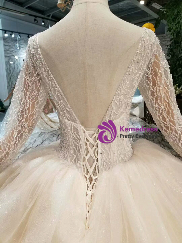 Shop 2019 Long & Short Champagne Tulle Bateau Long SLeeve Backless Beading Wedding Dress With Factory Price From Kemedress