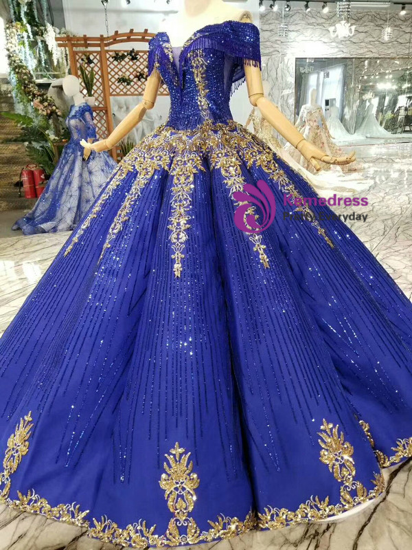 Shop 2019 Long & Short Royal Blue Sequins Off The Shoulder Gold Sequins Appliques Wedding Dress With Beading With Factory Price From Kemedress