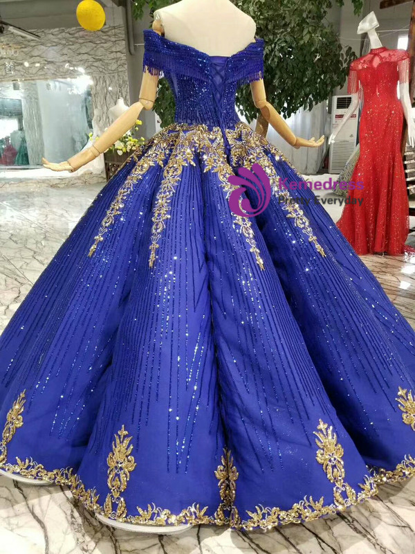Shop 2019 Long & Short Royal Blue Sequins Off The Shoulder Gold Sequins Appliques Wedding Dress With Beading With Factory Price From Kemedress