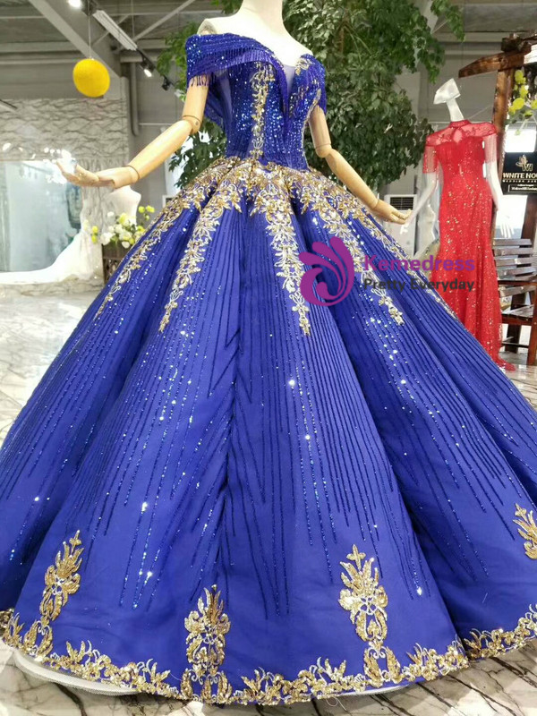 Shop 2019 Long & Short Royal Blue Sequins Off The Shoulder Gold Sequins Appliques Wedding Dress With Beading With Factory Price From Kemedress