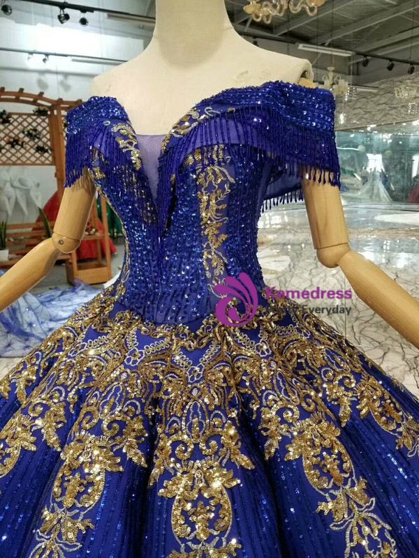 Shop 2019 Long & Short Royal Blue Sequins Off The Shoulder Gold Sequins Appliques Wedding Dress With Beading With Factory Price From Kemedress