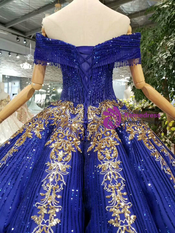 Shop 2019 Long & Short Royal Blue Sequins Off The Shoulder Gold Sequins Appliques Wedding Dress With Beading With Factory Price From Kemedress